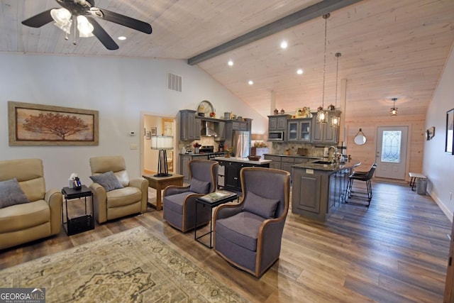 living area featuring wood ceiling, beam ceiling, visible vents, and wood finished floors