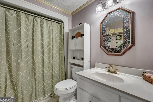 full bath with crown molding, toilet, a textured ceiling, vanity, and tile patterned flooring