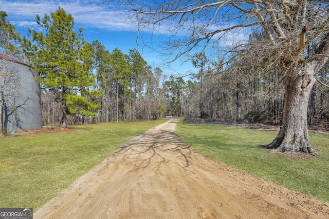 view of street with a forest view