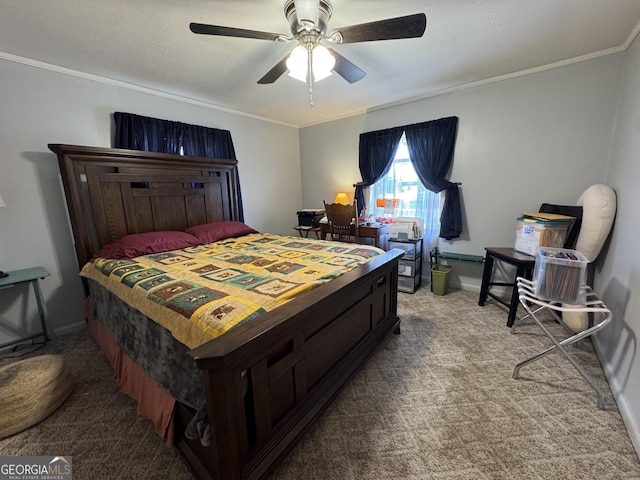 bedroom with ceiling fan, carpet floors, ornamental molding, and a textured ceiling