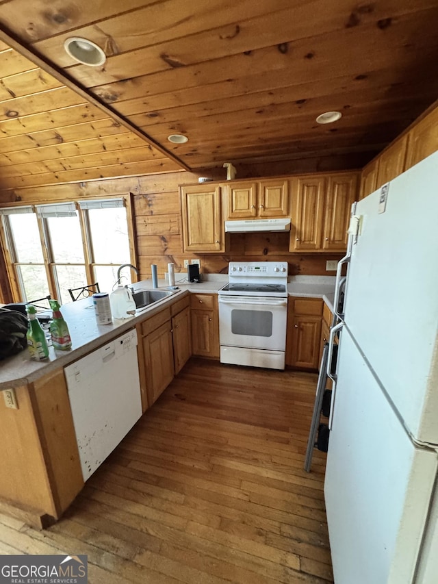 kitchen with under cabinet range hood, white appliances, dark wood-style flooring, a sink, and wood ceiling