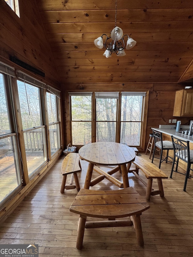 dining space with lofted ceiling, light wood-style floors, wood ceiling, wood walls, and a chandelier