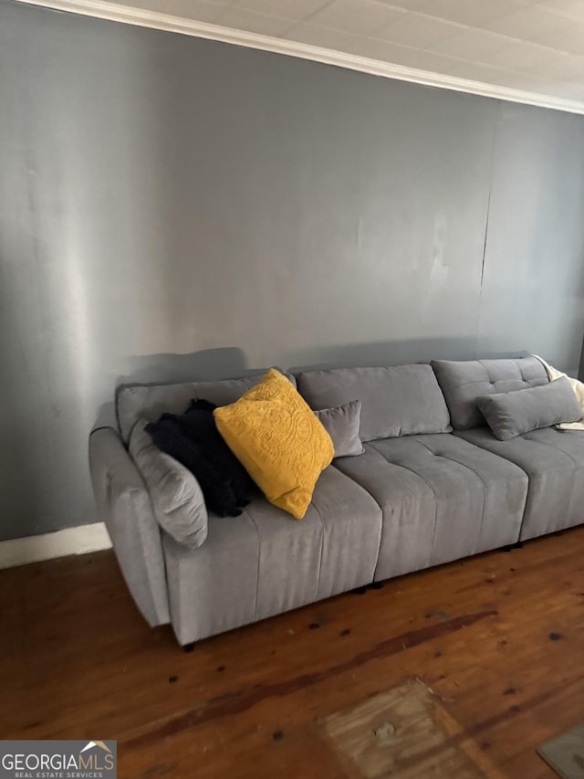 living room featuring hardwood / wood-style flooring, baseboards, and crown molding