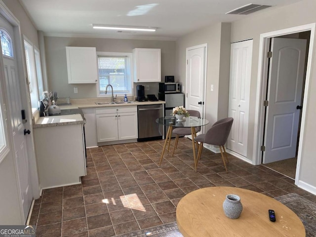 kitchen featuring white cabinetry, visible vents, appliances with stainless steel finishes, and a sink