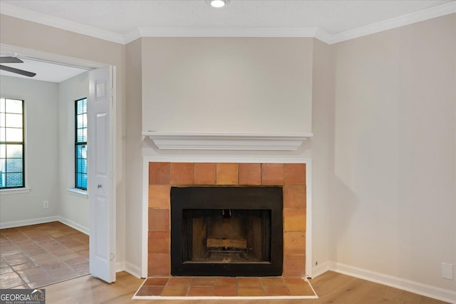 room details featuring baseboards, a fireplace, wood finished floors, and crown molding