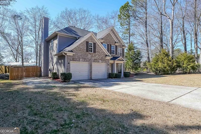 view of home's exterior with a garage, brick siding, fence, concrete driveway, and a chimney