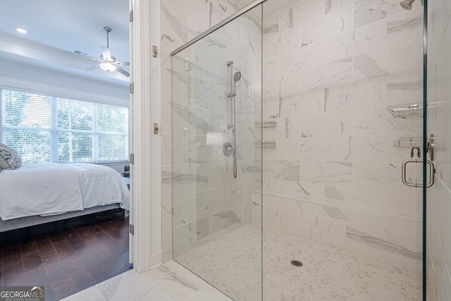 bathroom featuring visible vents, a stall shower, ensuite bathroom, marble finish floor, and a ceiling fan