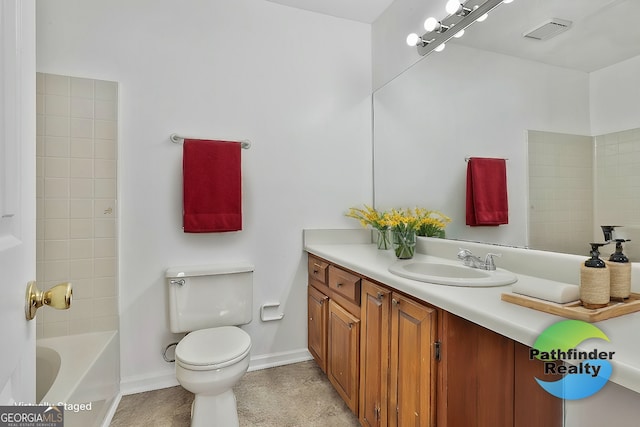 full bath with toilet, baseboards, visible vents, and vanity