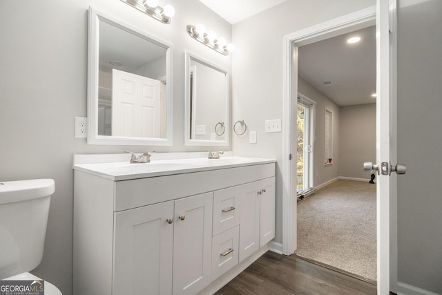 bathroom featuring toilet, double vanity, a sink, and wood finished floors