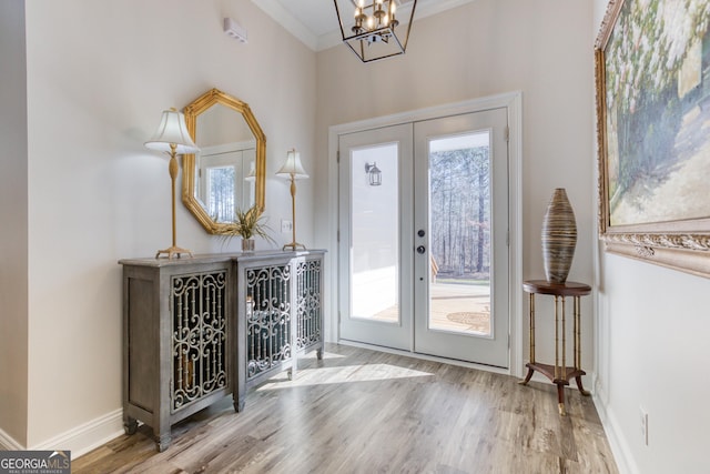 doorway with baseboards, french doors, wood finished floors, and a healthy amount of sunlight