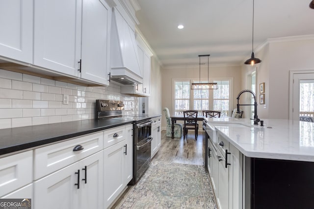 kitchen featuring range with two ovens, premium range hood, crown molding, and backsplash