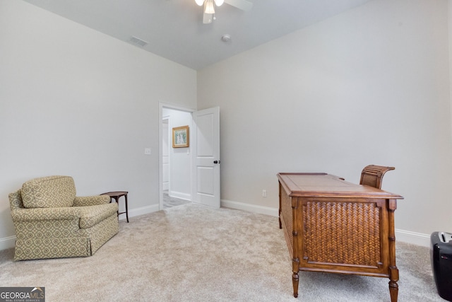 sitting room featuring visible vents, baseboards, lofted ceiling, ceiling fan, and carpet