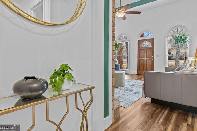 entrance foyer featuring ceiling fan and wood finished floors