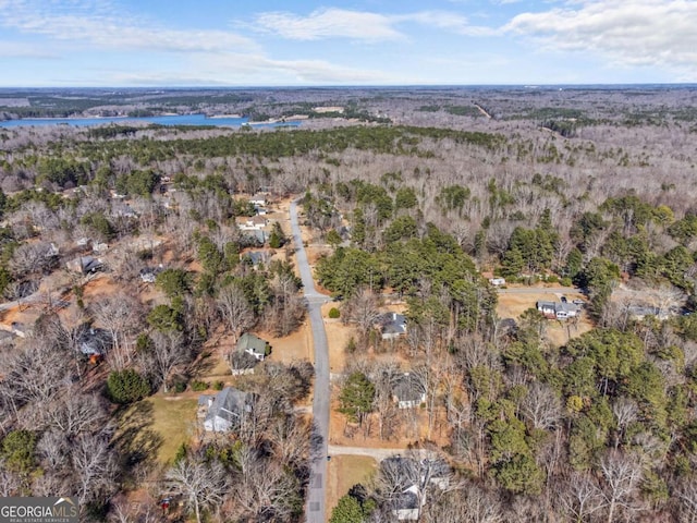 birds eye view of property featuring a water view and a forest view