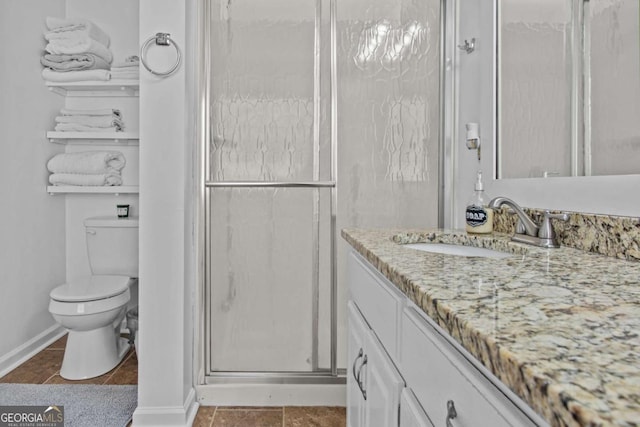 bathroom featuring baseboards, a shower stall, toilet, and vanity