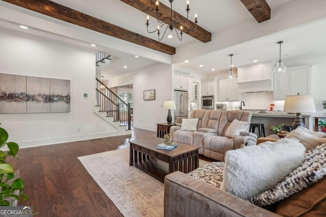 living area featuring recessed lighting, dark wood-style flooring, baseboards, stairs, and beamed ceiling