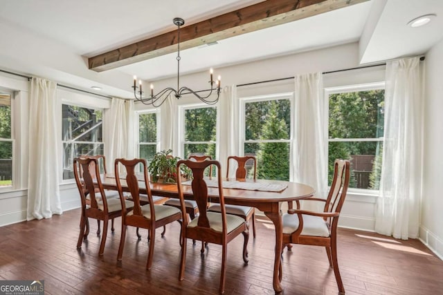 sunroom featuring plenty of natural light, beam ceiling, and a notable chandelier