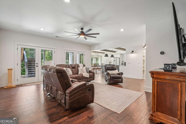 living room featuring dark wood-style floors, french doors, recessed lighting, ceiling fan, and baseboards