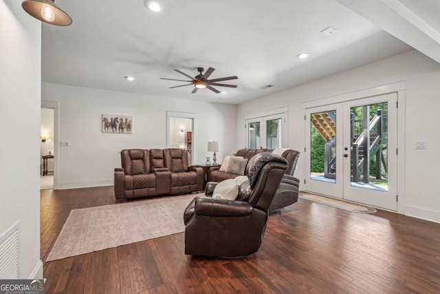 living area featuring dark wood-style floors, recessed lighting, french doors, and baseboards