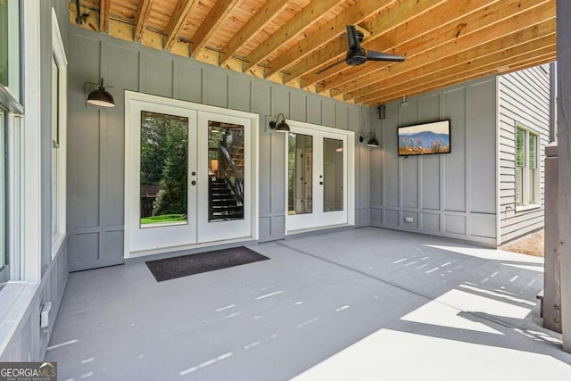 view of patio with ceiling fan and french doors