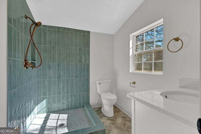436 Tarpley Ave, Bowdon, GA 30108 - full bathroom featuring a tile shower, toilet, vanity, vaulted ceiling, and baseboards
