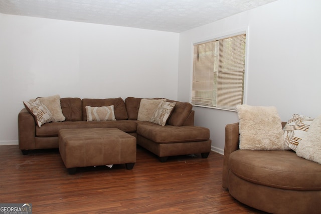 living area with a textured ceiling, wood finished floors, and baseboards