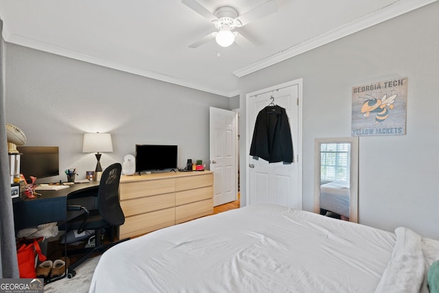 bedroom featuring ceiling fan and ornamental molding