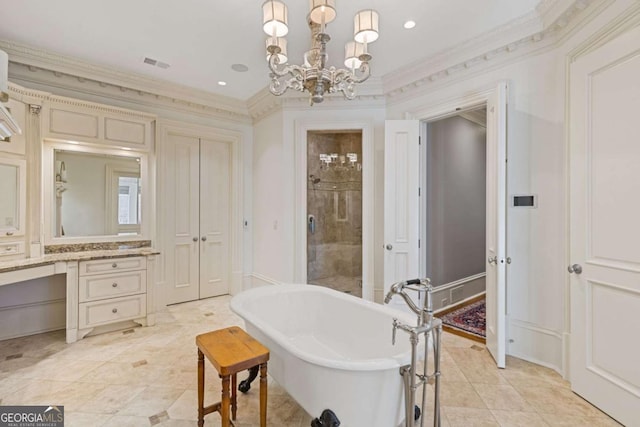 bathroom featuring ornamental molding, a stall shower, visible vents, and a freestanding bath