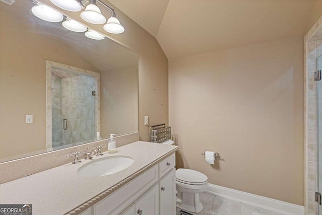 full bathroom with lofted ceiling, toilet, a stall shower, vanity, and baseboards