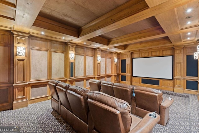 cinema with coffered ceiling, a decorative wall, beam ceiling, and recessed lighting