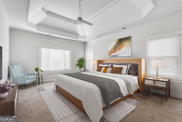 2477 Misty Rose Ln, Loganville, GA 30052 - carpeted bedroom featuring baseboards, a raised ceiling, ornamental molding, and a ceiling fan