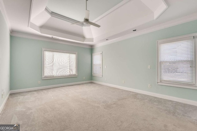 empty room featuring carpet floors, a raised ceiling, ornamental molding, and baseboards