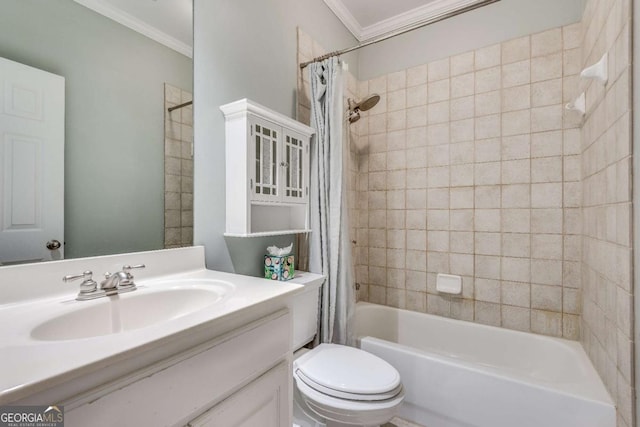 bathroom with ornamental molding, vanity, toilet, and shower / tub combo with curtain