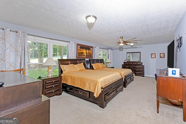 bedroom featuring multiple windows, a textured ceiling, and light colored carpet