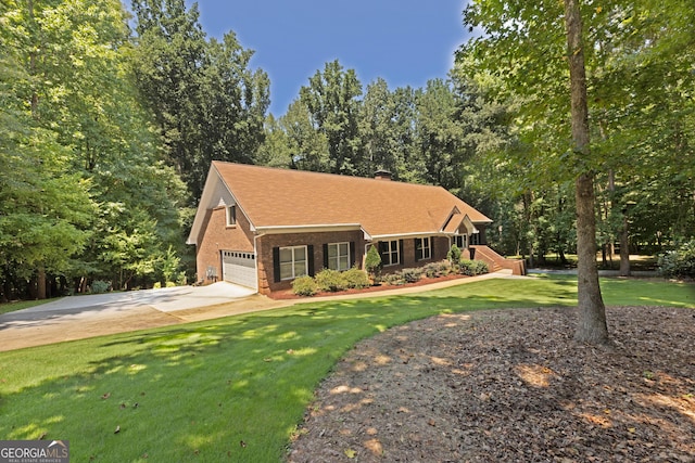 view of front of house featuring concrete driveway, brick siding, and a front lawn