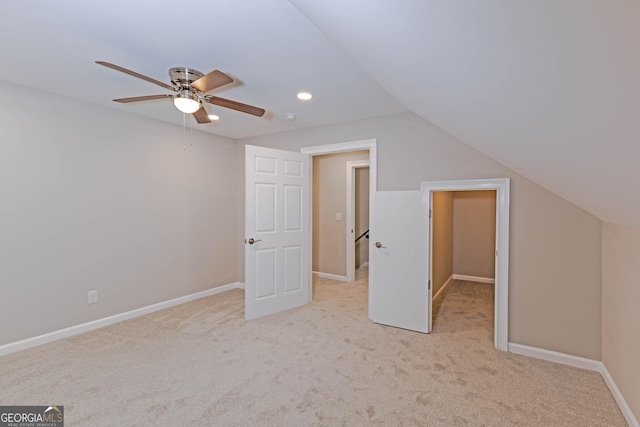 bonus room featuring lofted ceiling, recessed lighting, carpet flooring, a ceiling fan, and baseboards