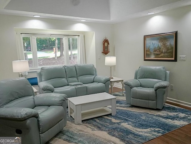 living room with baseboards and wood finished floors