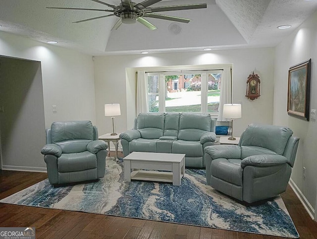 living area with a tray ceiling, wood-type flooring, and a textured ceiling