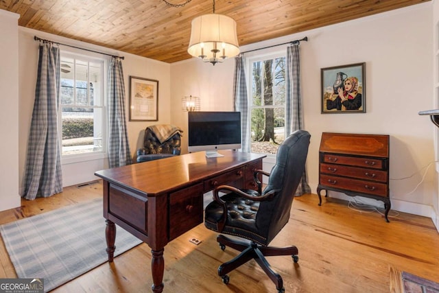 home office with light wood-style flooring, wooden ceiling, and a wealth of natural light