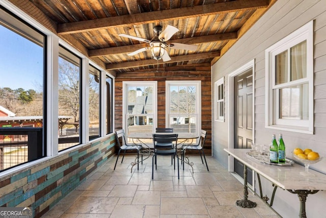 sunroom / solarium featuring wood ceiling, ceiling fan, and beam ceiling