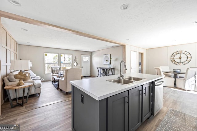 kitchen featuring open floor plan, a kitchen island with sink, a sink, and stainless steel dishwasher