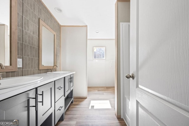 bathroom with double vanity, a sink, tile walls, and wood finished floors