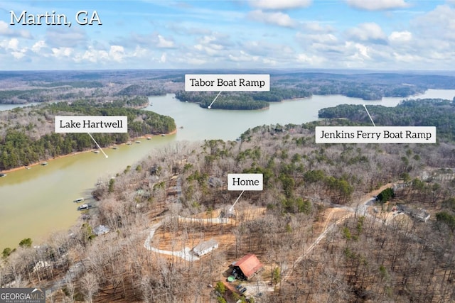 drone / aerial view with a water view and a forest view