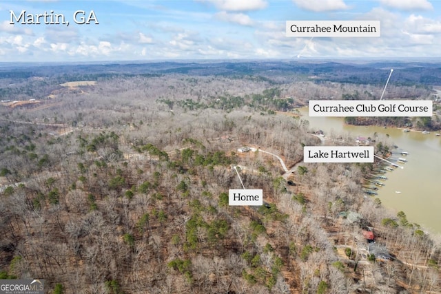 aerial view featuring a water view and a view of trees