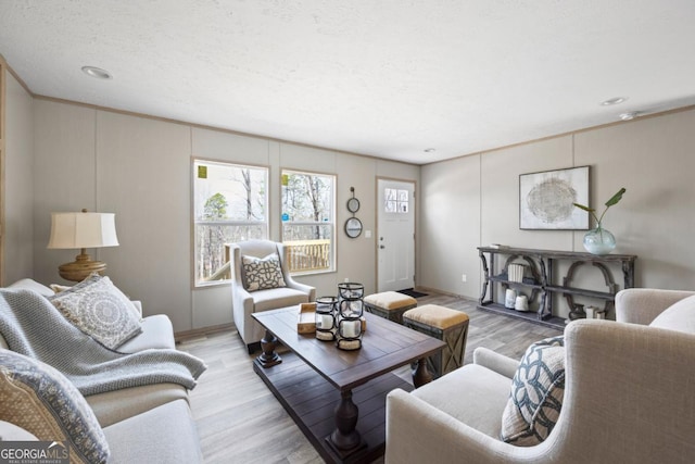 living room featuring light wood-style floors and a textured ceiling