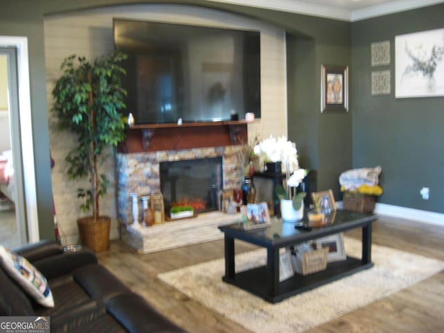 living room with baseboards, ornamental molding, wood finished floors, and a stone fireplace