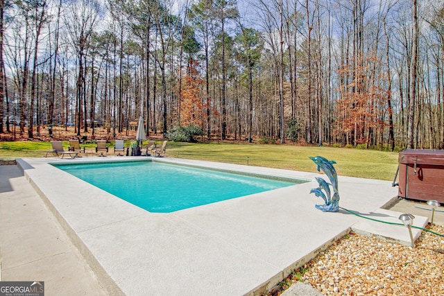 pool with a yard and a patio