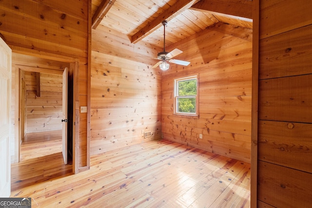 bonus room featuring vaulted ceiling with beams, light wood-style floors, wood ceiling, ceiling fan, and wooden walls