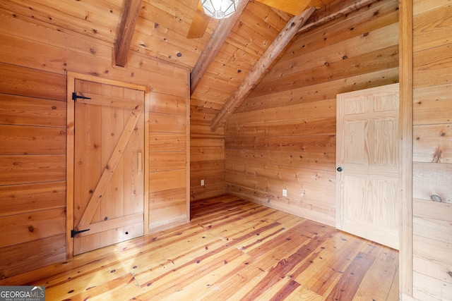 bonus room with lofted ceiling with beams, wood ceiling, wood walls, a sauna, and hardwood / wood-style flooring