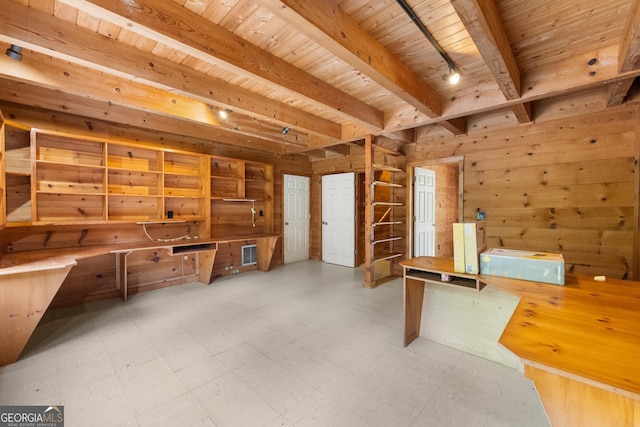 misc room with wooden ceiling, wooden walls, beam ceiling, and tile patterned floors